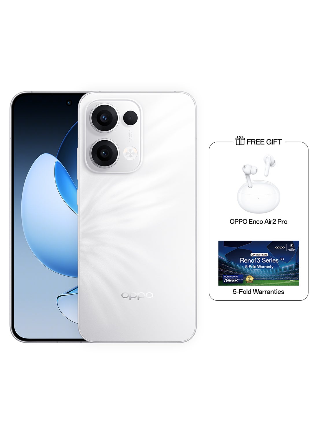 أوبو Reno13 Dual SIM Plume White 12GB RAM 512GB 5G - Middle East Version With Gift Enco Air2 Pro True  Wireless Earbuds White 