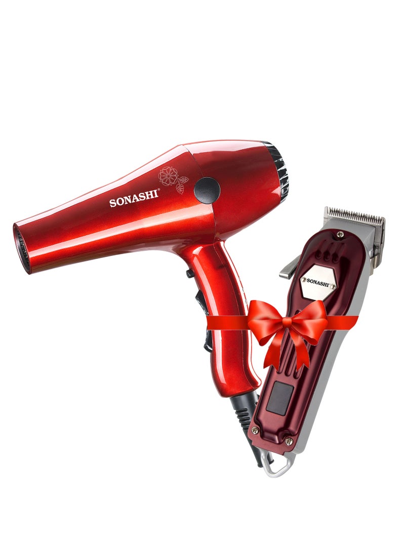 SONASHI - Hair Dryer Ac Motor 2000W With Rechargeable Hair Clipper 1000Ma Combo | Dryer With 2 Speed And 4 Heat Settings And 2 Hours Continuous Working Clipper | Shd-3032 Red And Shc-1061 Maroon Red - Image 1