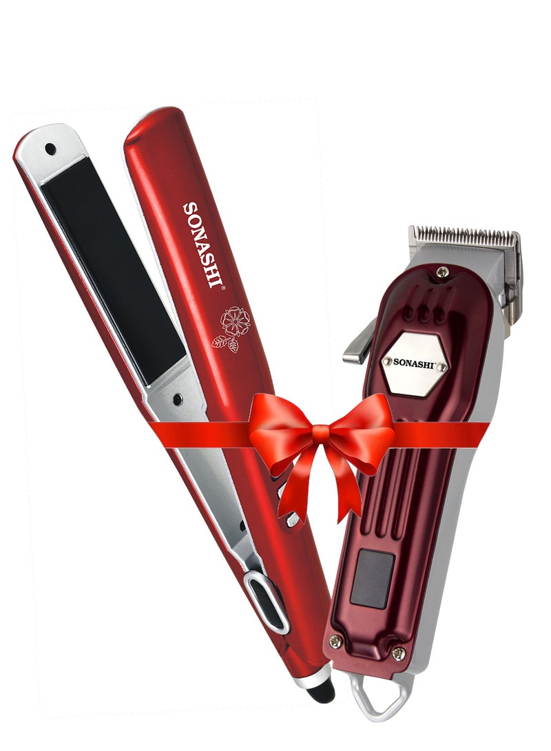 SONASHI - Hair Straightener 40W With Rechargeable Hair Clipper 1000Ma Combo | Ceramic Plates Temperature Control Straightener And 2 Hours Continuous Working Clipper | Gifts For Men Women | Shs-2042 Red And Shc-1061 Maroon Red - Image 1