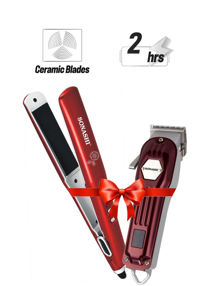 سوناشي Hair Straightener 40W With Rechargeable Hair Clipper 1000Ma Combo | Ceramic Plates Temperature Control Straightener And 2 Hours Continuous Working Clipper | Gifts For Men Women | Shs-2042 Red And Shc-1061 Maroon Red  - Image 1