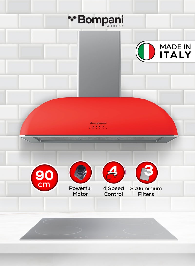 Bompani 90 cm Wall-Mounted Decor Chimney Hood with Special Painting Body Treatment – Aviation-Grade Finish, Powerful 850 m³/h Motor, LED Lighting, 4 Speed Settings, and Advanced Filtration for Ultimate Kitchen Air Quality BOCR904R Red  - Image 1