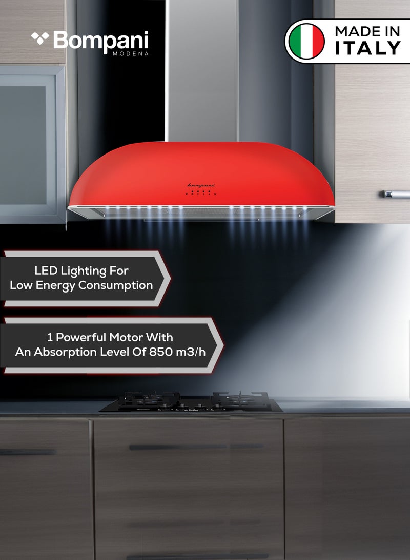 Bompani 90 cm Wall-Mounted Decor Chimney Hood with Special Painting Body Treatment – Aviation-Grade Finish, Powerful 850 m³/h Motor, LED Lighting, 4 Speed Settings, and Advanced Filtration for Ultimate Kitchen Air Quality BOCR904R Red  - Image 4