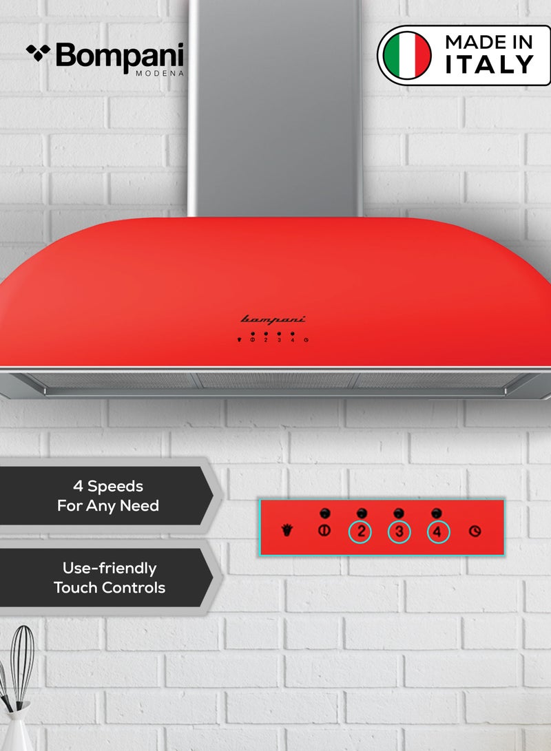 Bompani 90 cm Wall-Mounted Decor Chimney Hood with Special Painting Body Treatment – Aviation-Grade Finish, Powerful 850 m³/h Motor, LED Lighting, 4 Speed Settings, and Advanced Filtration for Ultimate Kitchen Air Quality BOCR904R Red  - Image 5