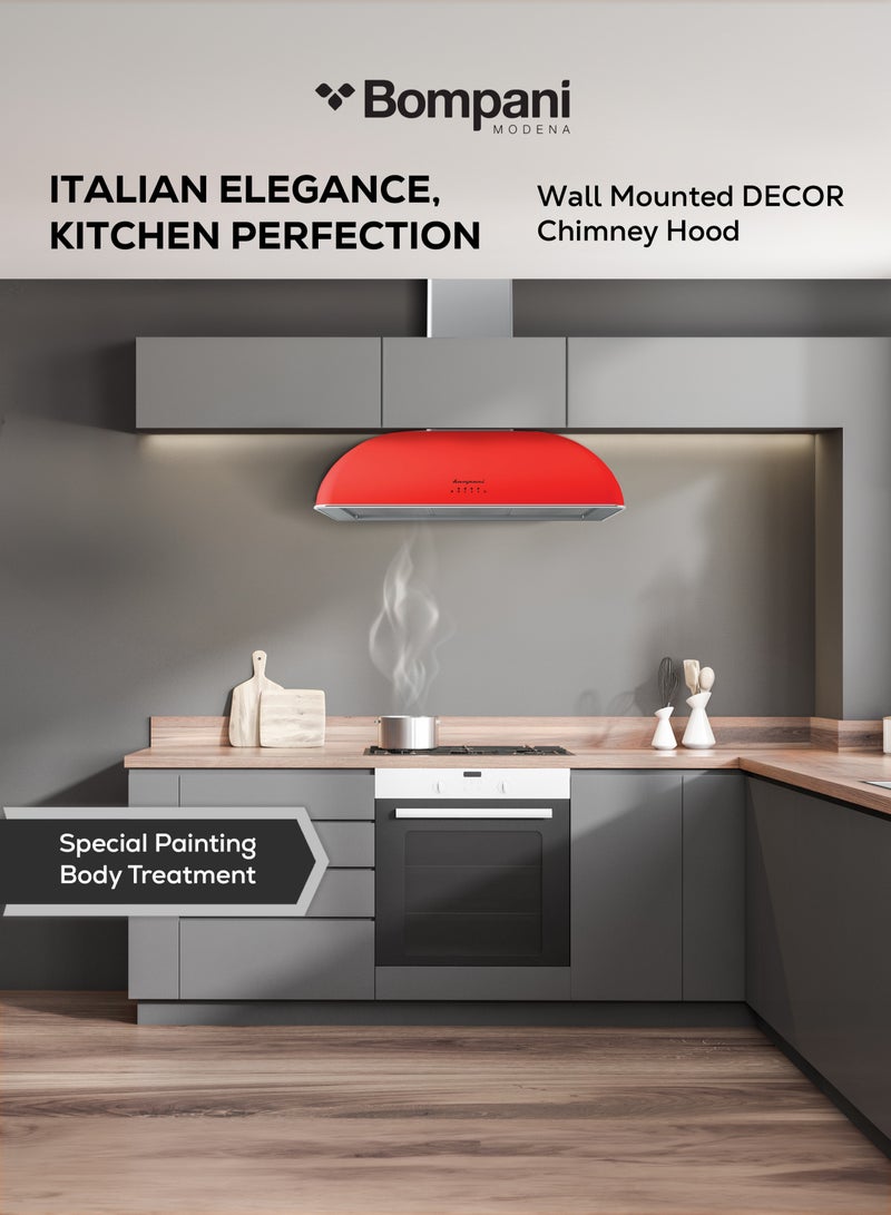 Bompani 90 cm Wall-Mounted Decor Chimney Hood with Special Painting Body Treatment – Aviation-Grade Finish, Powerful 850 m³/h Motor, LED Lighting, 4 Speed Settings, and Advanced Filtration for Ultimate Kitchen Air Quality BOCR904R Red  - Image 2