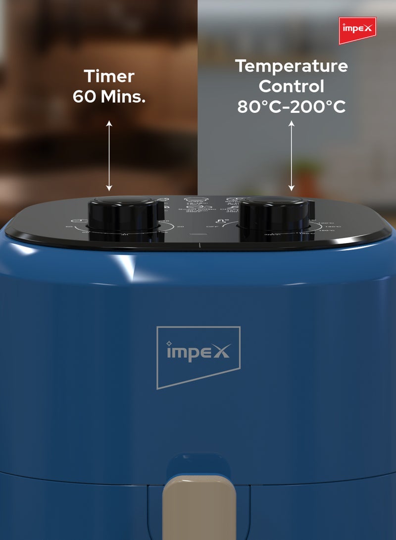 Impex Air Fryer, Non-Stick Basket, Overheat protection, Cool touch handle,60 Mins Timer, Oil-free Cooking, Includes 25 Liners, Fry, Grill, Roast, Steam & Bake, 4.5 L 1200 W AF 4500 Blue  - Image 3