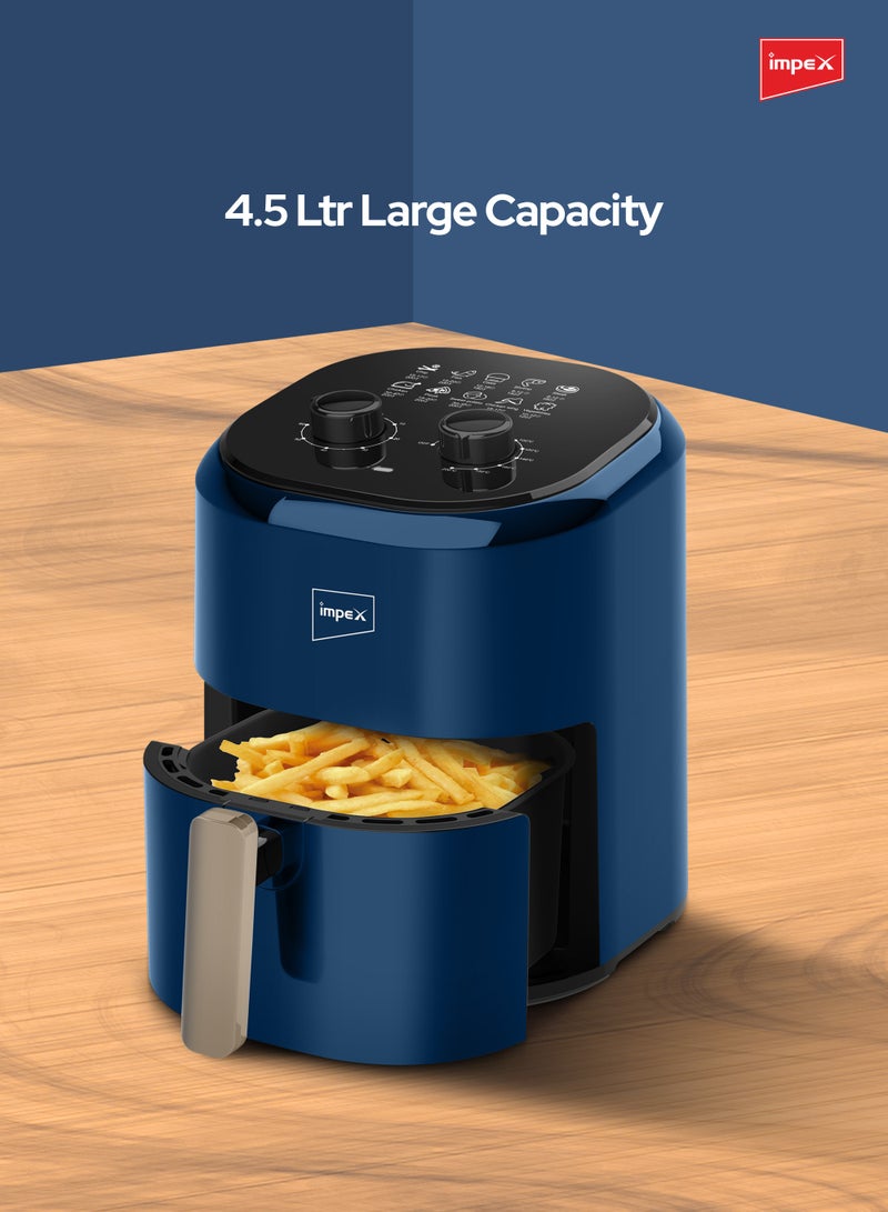 Impex Air Fryer, Non-Stick Basket, Overheat protection, Cool touch handle,60 Mins Timer, Oil-free Cooking, Includes 25 Liners, Fry, Grill, Roast, Steam & Bake, 4.5 L 1200 W AF 4500 Blue  - Image 5