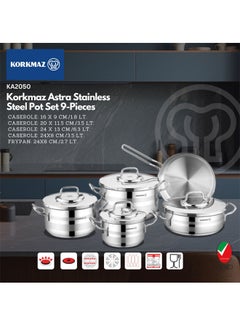 Korkmaz Korkmaz Astra Stainless Steel Pot Set 9-Pieces | Stainless Steel Pots And Pans Set | Induction Cooking Set - KA2050 Silver  - Image 2
