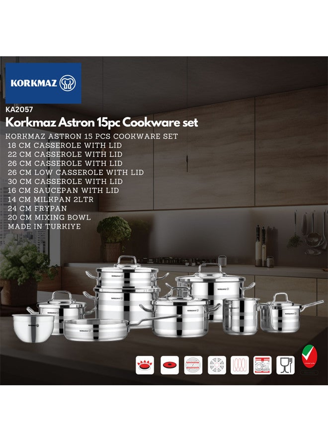 كوركماز Korkmaz Astron 15pc Cookware set | Stainless Steel Pots And Pans Set | Induction Cooking Set - KA2057 Silver  - Image 4