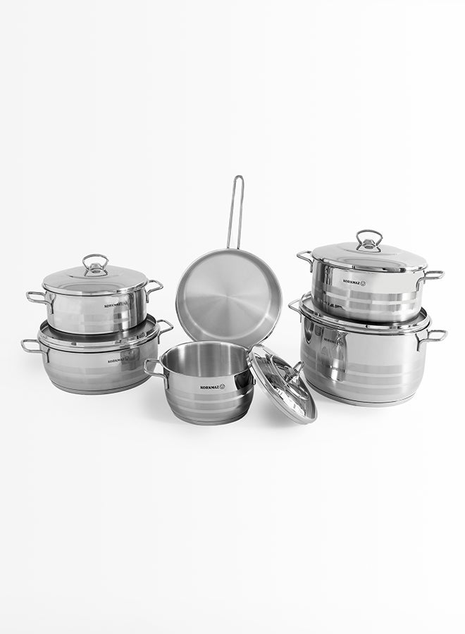 Korkmaz Astra 11 Pcs Stainless Steel Cookware Set | Turkish Induction Compatible Pots and Pans Set | Silver KA1090 Silver - Image 1