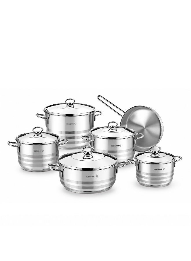 Korkmaz Astra 11 Pieces Stainless Steel Cookware Set | Turkish Induction Compatible Pots and Pans Set | Silver KA1090 Silver Silver - Image 1