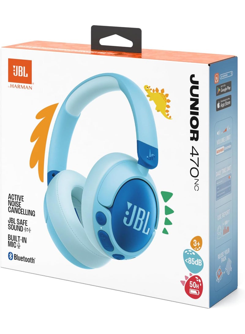 JBL - Junior 470 NC Wireless Over-Ear Bluetooth Headphones with Active Noise Cancelling for Children, Microphone, 50 Hours Playback, Safe Sound, Low Volume, Simple Operation and Stickers Blue - Image 1