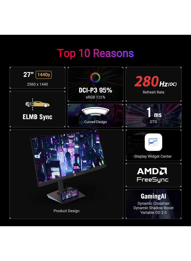 ROG Strix XG27WCMS 27" WQHD  Fast VA Curved Gaming Monitor, 280Hz OC Refresh Rate, 1ms GTG, 1500R Curve, 95% DCI-P3, HDR10, VESA DisplayHDR 400, ELMB SYNC, AMD FreeSync Premium, HDMI 2.1, DisplayPort 1.4, DisplayWidget Center, VESA Mount, Anti-Glare, 90LM09Y1-B01370 Black