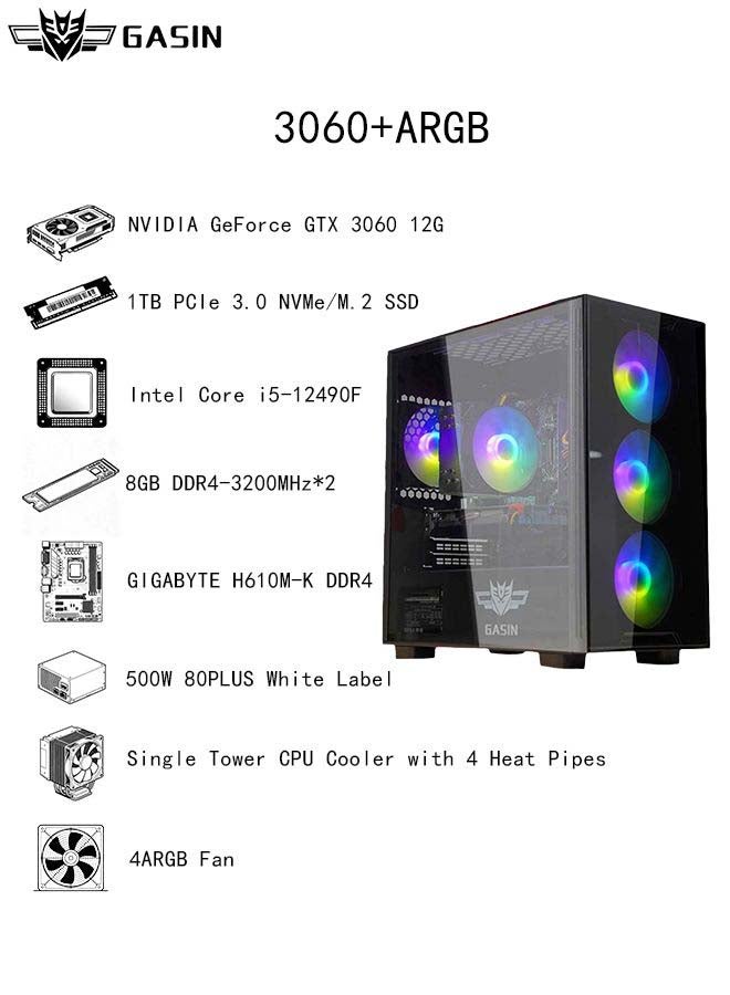 Gasin PC Gaming With Core i5-12400F Processor/1TB SSD/16GB RAM 3200MHz DDR4/Windows 11/12GB NVIDIA GeForce RTX 3060 Graphics With ARGB LED Lighting/ Black - Image 5