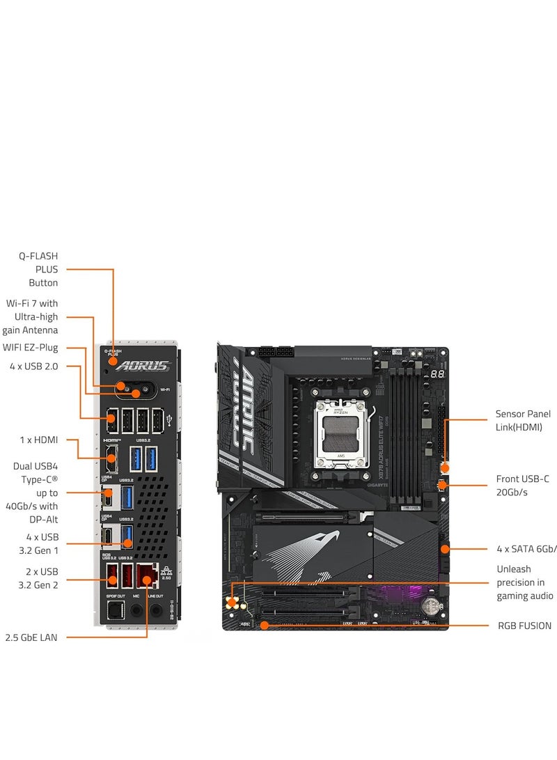 GIGABYTE - X870 AORUS Elite WIFI7 AM5 LGA 1718, ATX, DDR5, 4X M.2, PCIe 5.0, USB4, Wi-Fi 7, 2.5GbE LAN, EZ-Latch, Q-Flash - Image 1