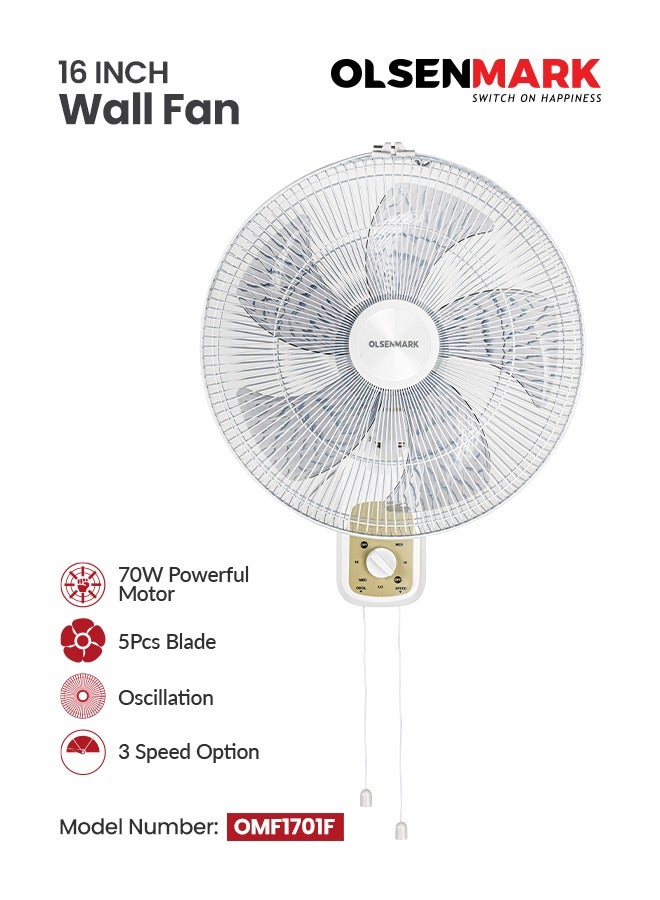 Olsenmark - 16-Inch Wall Fan with 5 Blades, Poly Coated Safety Grill, 3 Speed Control, Super Quiet Motor, High Air Flow & Wide Range Oscillation 70 W OMF1701F White/Grey - Image 1