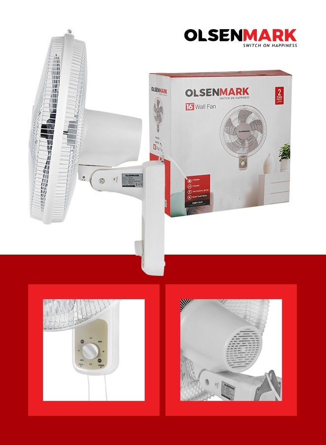 Olsenmark - 16-Inch Wall Fan with 5 Blades, Poly Coated Safety Grill, 3 Speed Control, Super Quiet Motor, High Air Flow & Wide Range Oscillation 70 W OMF1701F White/Grey - Image 1