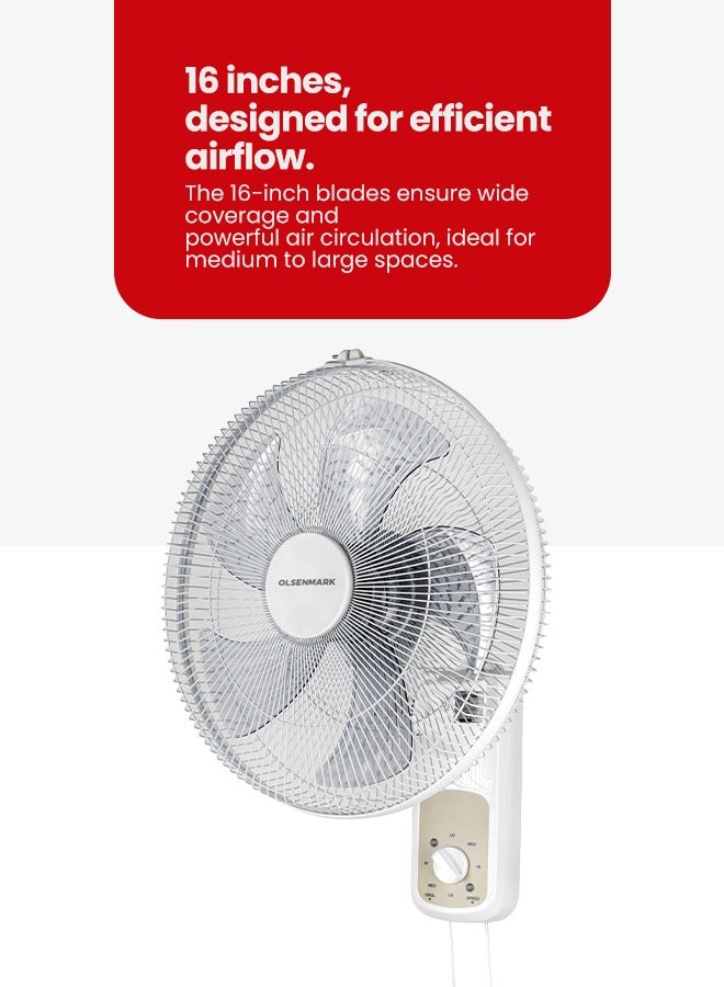 Olsenmark - 16-Inch Wall Fan with 5 Blades, Poly Coated Safety Grill, 3 Speed Control, Super Quiet Motor, High Air Flow & Wide Range Oscillation 70 W OMF1701F White/Grey - Image 1