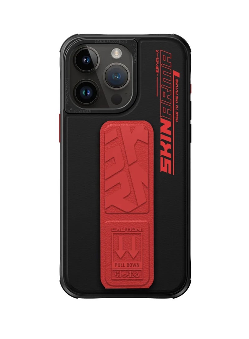Skinarma Series Apex Slim, protective case featuring an integrated foldable grip-stand and matching side buttons Compatible with iPhone 15 Pro - Red  - Image 1