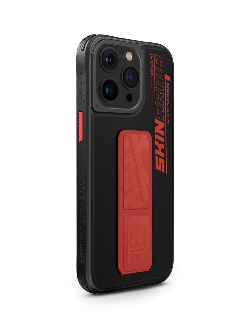 Skinarma Series Apex Slim, protective case featuring an integrated foldable grip-stand and matching side buttons Compatible with iPhone 15 Pro - Red  - Image 2