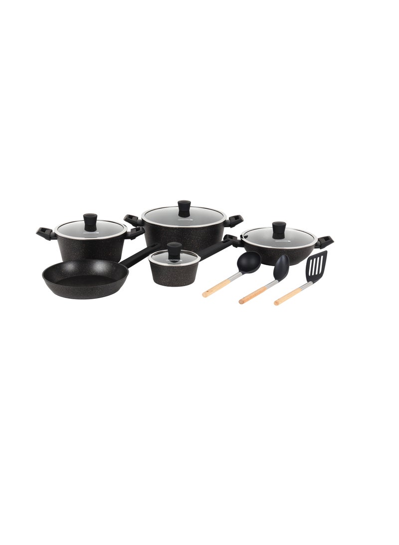 Royalford Royalford Royalford Authentic 12-piece Forged Aluminum Cookware Set- RF12677/ Durable Nonstick Granite Coating with 5-Layer Construction Black  - Image 1