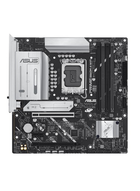 PRIME B860M-A Wi-Fi Motherboard, Intel® B860 Chipset, LGA1851, DDR5 Support (Up to 256GB, 8666+ MT/s OC), PCIe 5.0 x16, Dual M.2 Slots (PCIe 5.0 & 4.0), 2.5Gb Ethernet, Wi-Fi 6E, Bluetooth® 5.3, USB 20Gbps Type-C®, HDMI™ & DisplayPort 4K, Aura Sync RGB, Realtek 7.1 Surround Sound, 2 x PCIe 4.0, Pre-mounted I/O Shield, EZ PC DIY, AI Performance Tuning | 90MB1JY0-M0EAY0 White