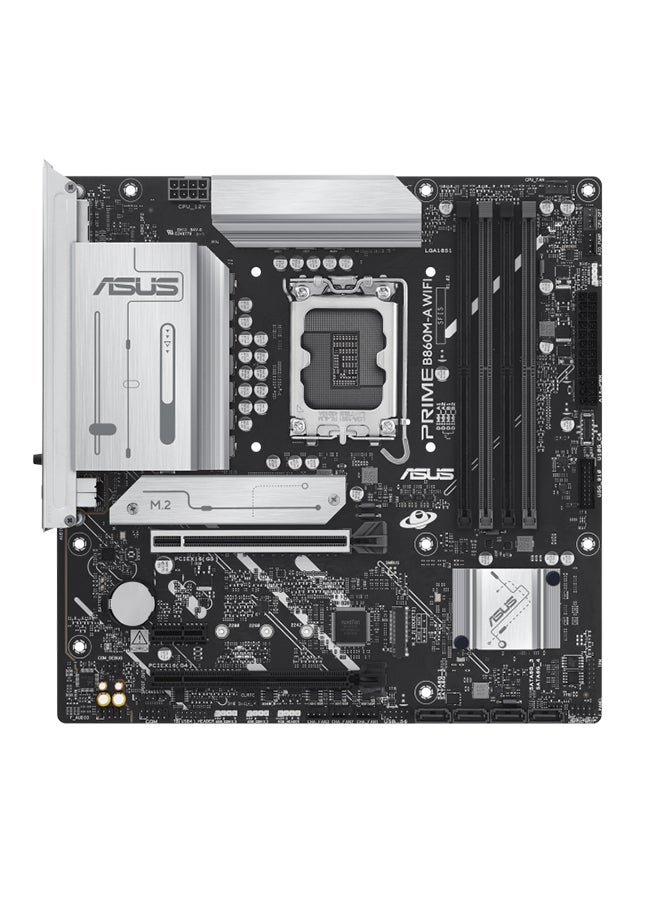 ASUS - PRIME B860M-A Wi-Fi Motherboard, Intel® B860 Chipset, LGA1851, DDR5 Support (Up to 256GB, 8666+ MT/s OC), PCIe 5.0 x16, Dual M.2 Slots (PCIe 5.0 & 4.0), 2.5Gb Ethernet, Wi-Fi 6E, Bluetooth® 5.3, USB 20Gbps Type-C®, HDMI™ & DisplayPort 4K, Aura Sync RGB, Realtek 7.1 Surround Sound, 2 x PCIe 4.0, Pre-mounted I/O Shield, EZ PC DIY, AI Performance Tuning | 90MB1JY0-M0EAY0 White - Image 1