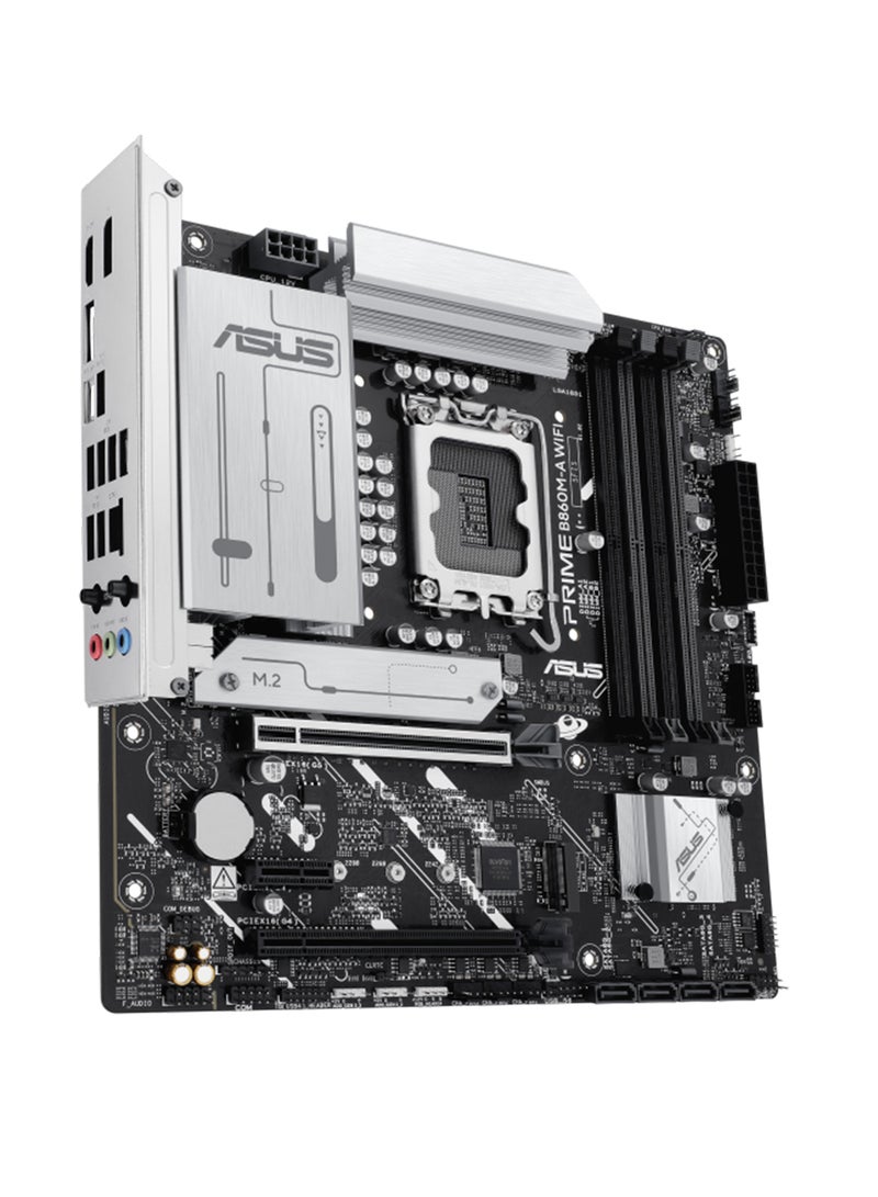 ASUS - PRIME B860M-A Wi-Fi Motherboard, Intel® B860 Chipset, LGA1851, DDR5 Support (Up to 256GB, 8666+ MT/s OC), PCIe 5.0 x16, Dual M.2 Slots (PCIe 5.0 & 4.0), 2.5Gb Ethernet, Wi-Fi 6E, Bluetooth® 5.3, USB 20Gbps Type-C®, HDMI™ & DisplayPort 4K, Aura Sync RGB, Realtek 7.1 Surround Sound, 2 x PCIe 4.0, Pre-mounted I/O Shield, EZ PC DIY, AI Performance Tuning | 90MB1JY0-M0EAY0 White - Image 1
