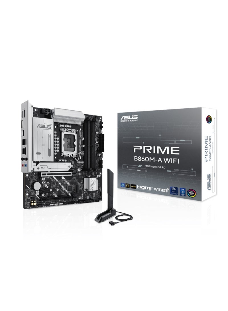 ASUS - PRIME B860M-A Wi-Fi Motherboard, Intel® B860 Chipset, LGA1851, DDR5 Support (Up to 256GB, 8666+ MT/s OC), PCIe 5.0 x16, Dual M.2 Slots (PCIe 5.0 & 4.0), 2.5Gb Ethernet, Wi-Fi 6E, Bluetooth® 5.3, USB 20Gbps Type-C®, HDMI™ & DisplayPort 4K, Aura Sync RGB, Realtek 7.1 Surround Sound, 2 x PCIe 4.0, Pre-mounted I/O Shield, EZ PC DIY, AI Performance Tuning | 90MB1JY0-M0EAY0 White - Image 1