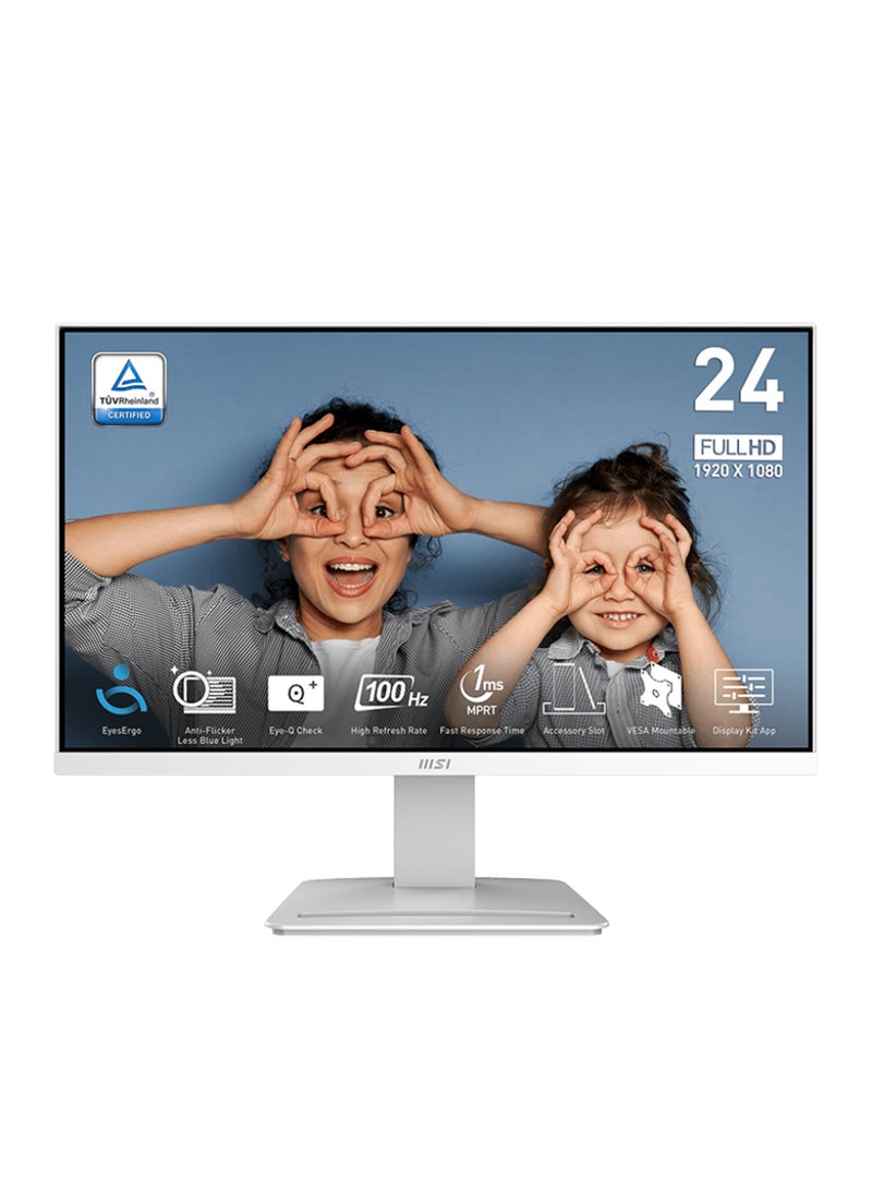 MSI - PRO MP2412W 23.8" FHD 100Hz Business Monitor - Anti-Flicker, EyesErgo Technology, TÜV Certified, 1ms MPRT, HDMI™ & DisplayPort Connectivity, VESA Mount, Cable Management, Eye-Q Check, Ergonomic Design for Programming, Coding & Website Design, 9S6-3BA9CH-077 White - Image 1