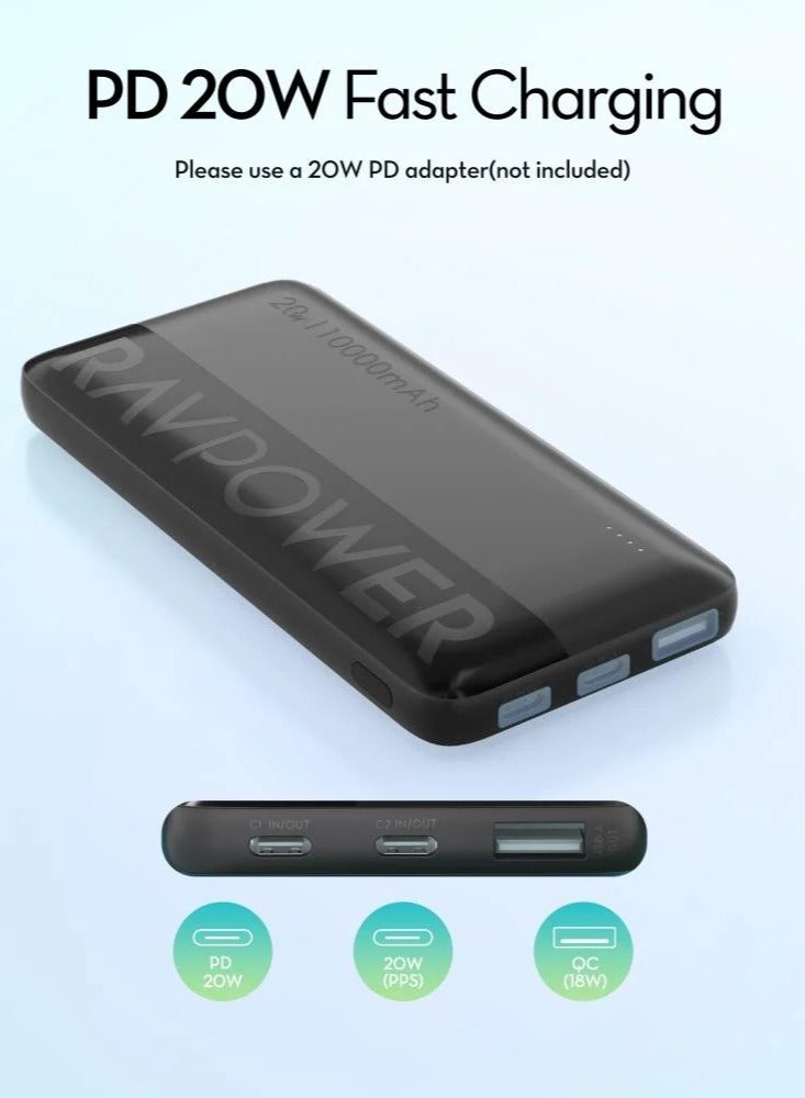 RAVPOWER 10000 mAh Power Bank – 20W Fast Charging, Dual USB-C & USB Ports, Smart LED Display, Compact and Reliable Black  - Image 2