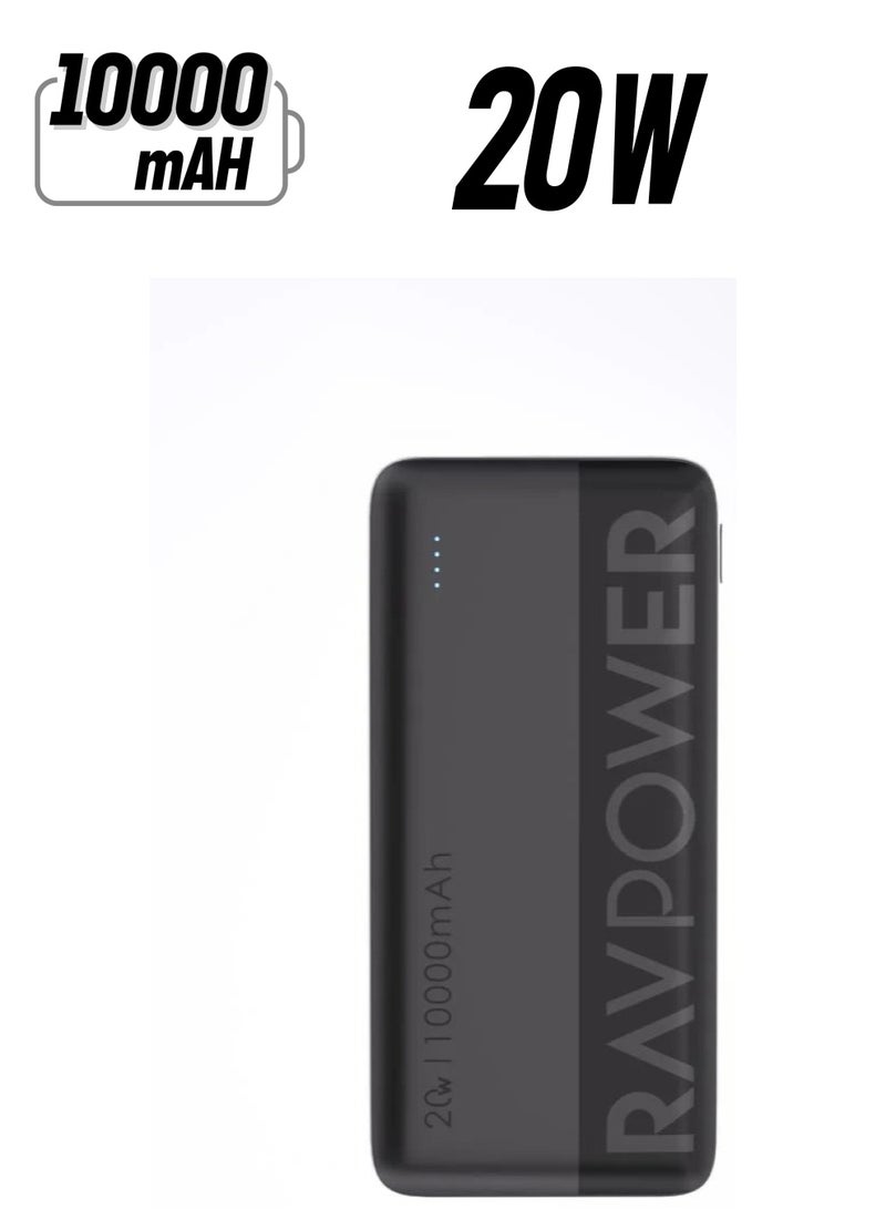 RAVPOWER 10000 mAh Power Bank – 20W Fast Charging, Dual USB-C & USB Ports, Smart LED Display, Compact and Reliable Black  - Image 1