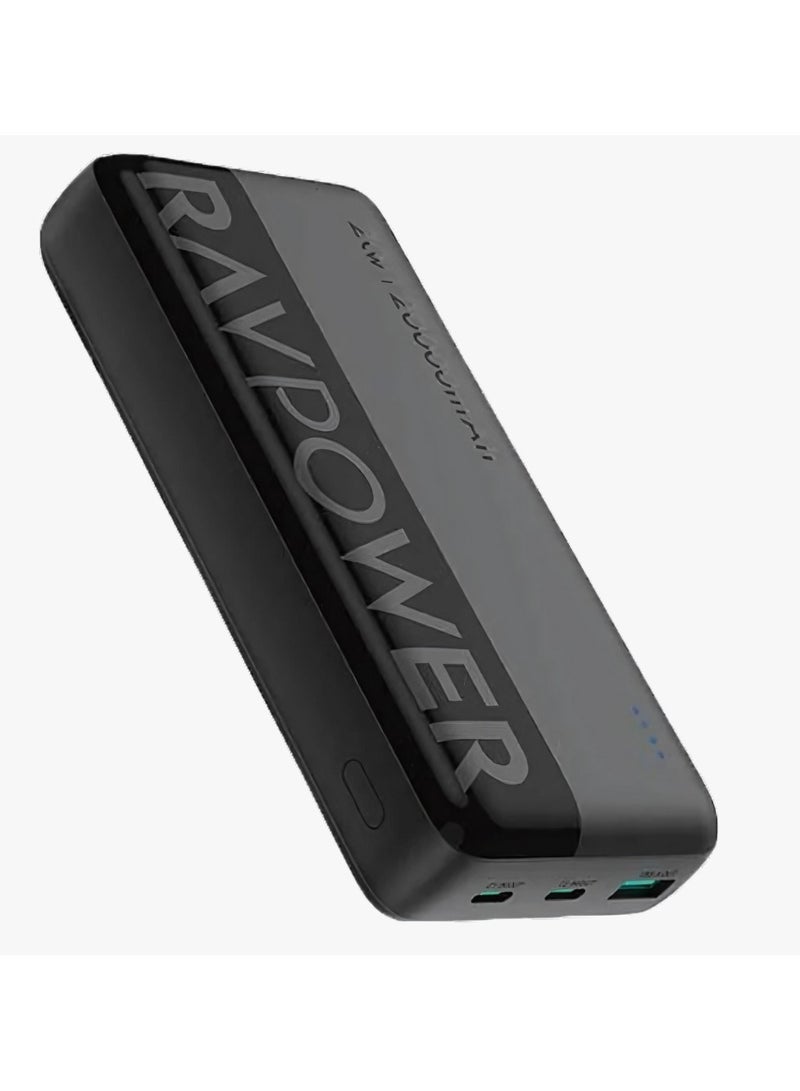 RAVPOWER 20000 mAh Power Bank – 20W, 2 Type-C Ports + USB-A, Smart LED Display, Compact Design, High Performance – Black  - Image 1
