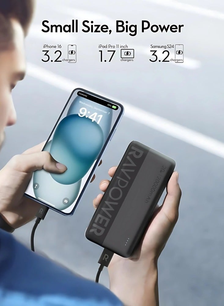 RAVPOWER 20000 mAh Power Bank – 20W, 2 Type-C Ports + USB-A, Smart LED Display, Compact Design, High Performance – Black  - Image 2