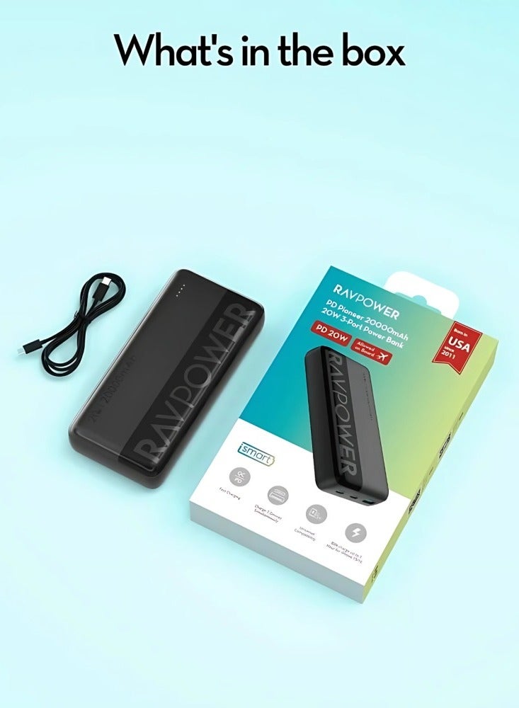 20000 mAh Power Bank – 20W, 2 Type-C Ports + USB-A, Smart LED Display, Compact Design, High Performance – Black