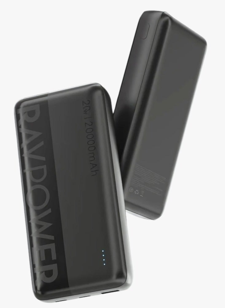20000 mAh Power Bank – 20W, 2 Type-C Ports + USB-A, Smart LED Display, Compact Design, High Performance – Black