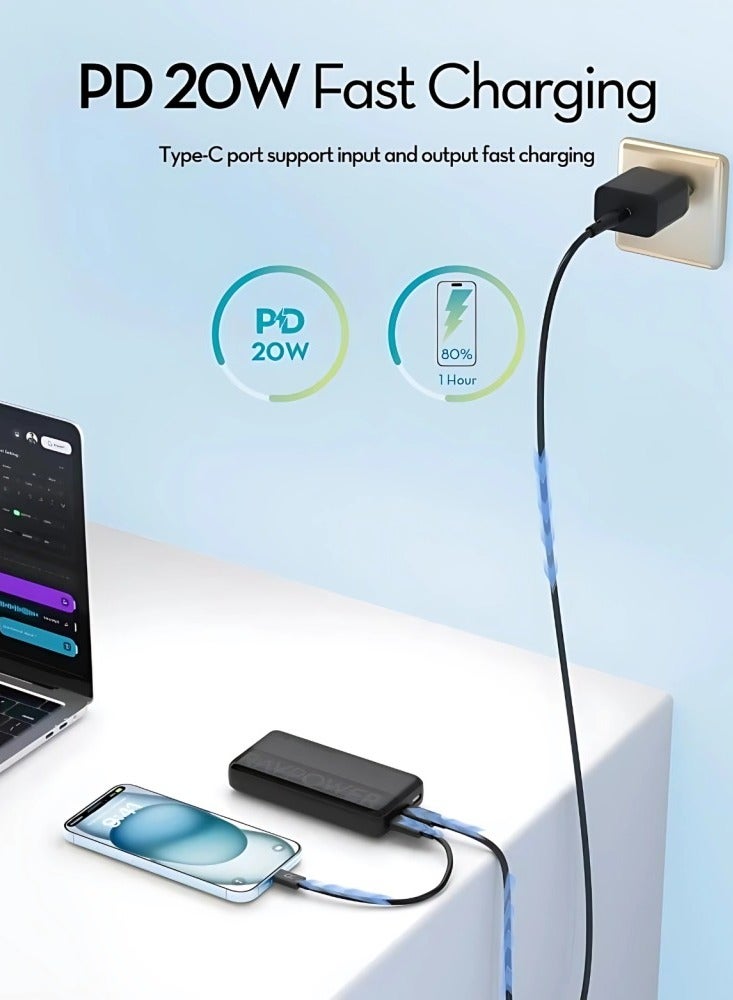 RAVPOWER 20000 mAh Power Bank – 20W, 2 Type-C Ports + USB-A, Smart LED Display, Compact Design, High Performance – Black  - Image 4