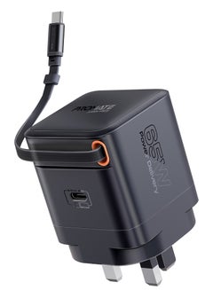 بروميت GaNFast™ Charger 65W With USB-C Port, Built-In Retractable Cable, Surge Protection, Multi-Protect System, Compact Design and Fast Charging for Laptops, Tablets, Smartphones, Cubix-R65 Black  - Image 1
