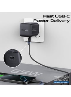 بروميت GaNFast™ Charger 65W With USB-C Port, Built-In Retractable Cable, Surge Protection, Multi-Protect System, Compact Design and Fast Charging for Laptops, Tablets, Smartphones, Cubix-R65 Black  - Image 3