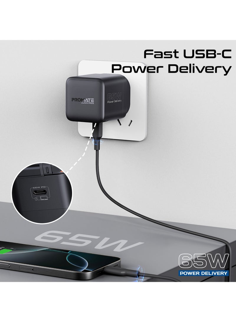 بروميت GaNFast™ Charger 65W With USB-C Port, Built-In Retractable Cable, Surge Protection, Multi-Protect System, Compact Design and Fast Charging for Laptops, Tablets, Smartphones, Cubix-R65 Black - Image 3