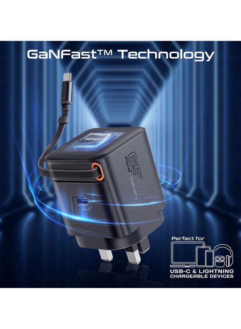بروميت GaNFast™ Charger 65W With USB-C Port, Built-In Retractable Cable, Surge Protection, Multi-Protect System, Compact Design and Fast Charging for Laptops, Tablets, Smartphones, Cubix-R65 Black - Image 4