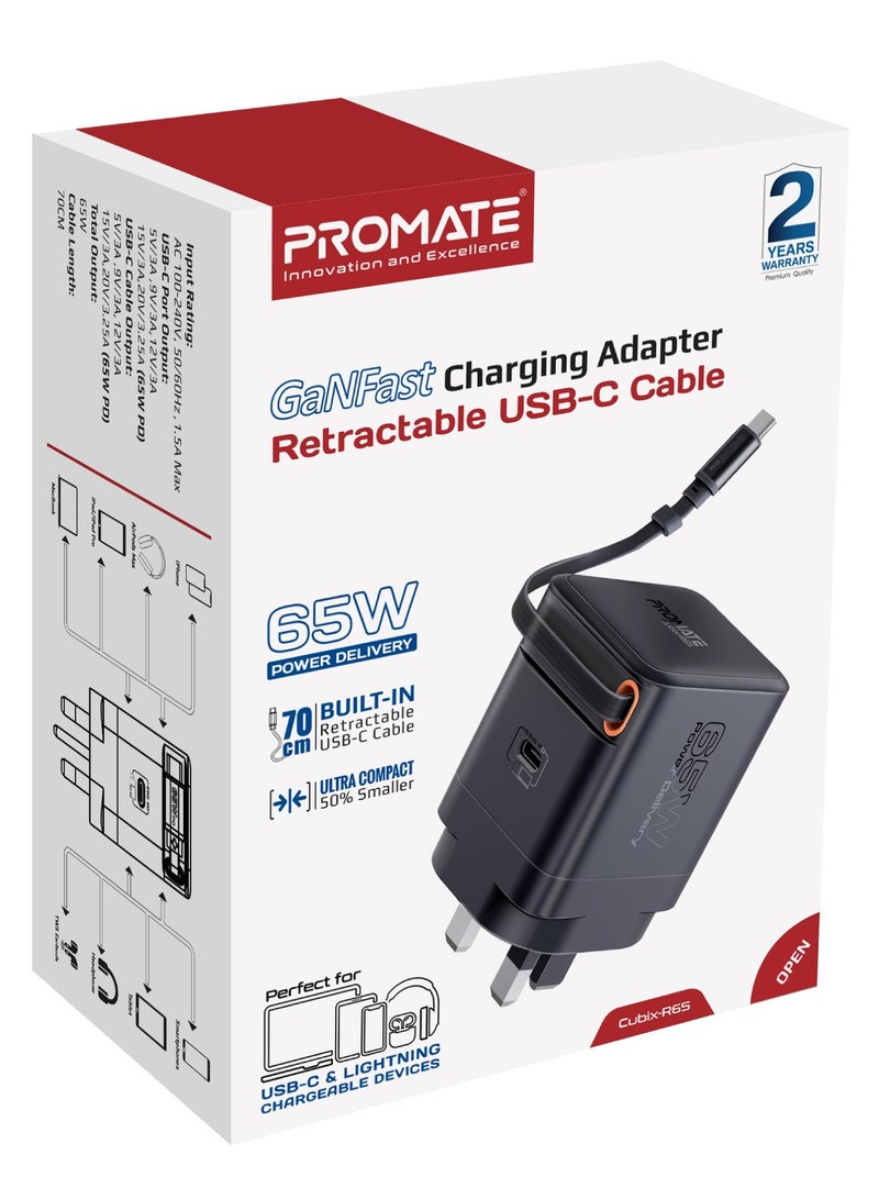 GaNFast™ Charger 65W With USB-C Port, Built-In Retractable Cable, Surge Protection, Multi-Protect System, Compact Design and Fast Charging for Laptops, Tablets, Smartphones, Cubix-R65 Black - pnsku/N70144571V/45/_/1737449310/cc7c867d-32d3-4994-b092-26f021a8ac66