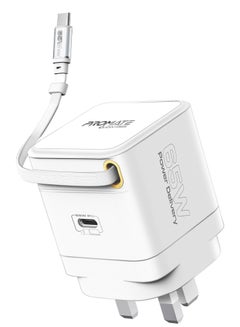 بروميت GaNFast™ Charger 65W With USB-C Port, Built-In Retractable Cable, Surge Protection, Multi-Protect System, Compact Design and Fast Charging for Laptops, Tablets, Smartphones, Cubix-R65 White  - Image 1