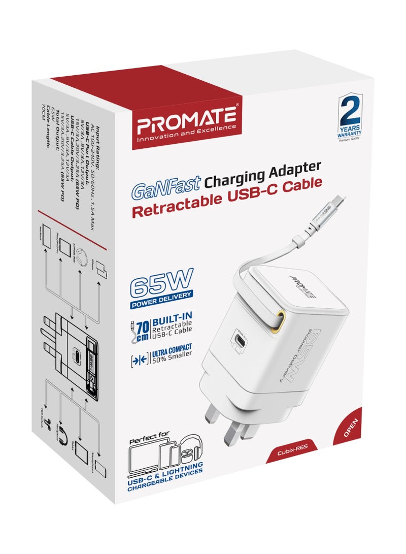 GaNFast™ Charger 65W With USB-C Port, Built-In Retractable Cable, Surge Protection, Multi-Protect System, Compact Design and Fast Charging for Laptops, Tablets, Smartphones, Cubix-R65 White - pnsku/N70144572V/45/_/1737449306/ab05d36f-124b-4091-a7f7-7b0cbcff5600