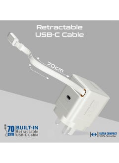 بروميت GaNFast™ Charger 65W With USB-C Port, Built-In Retractable Cable, Surge Protection, Multi-Protect System, Compact Design and Fast Charging for Laptops, Tablets, Smartphones, Cubix-R65 White  - Image 2