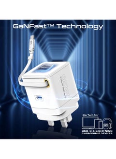 بروميت GaNFast™ Charger 65W With USB-C Port, Built-In Retractable Cable, Surge Protection, Multi-Protect System, Compact Design and Fast Charging for Laptops, Tablets, Smartphones, Cubix-R65 White  - Image 4