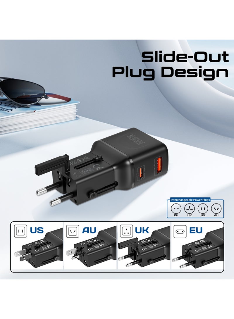 PROMATE Travel Adapter, Universal 100V-240V AC Travel Charger with Integrated Retractable US/UK/EU/AU Pins, PD35W Ultra-Fast USB-C Port, PD18W QC Port, Charge Protection, Compact Design, Travel-Friendly Pouch, TriPlug-PD35 Black  - Image 1