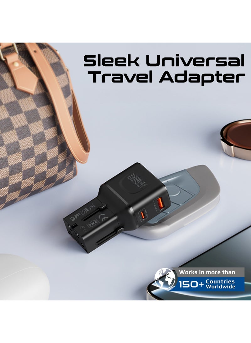 PROMATE Travel Adapter, Universal 100V-240V AC Travel Charger with Integrated Retractable US/UK/EU/AU Pins, PD35W Ultra-Fast USB-C Port, PD18W QC Port, Charge Protection, Compact Design, Travel-Friendly Pouch, TriPlug-PD35 Black  - Image 3