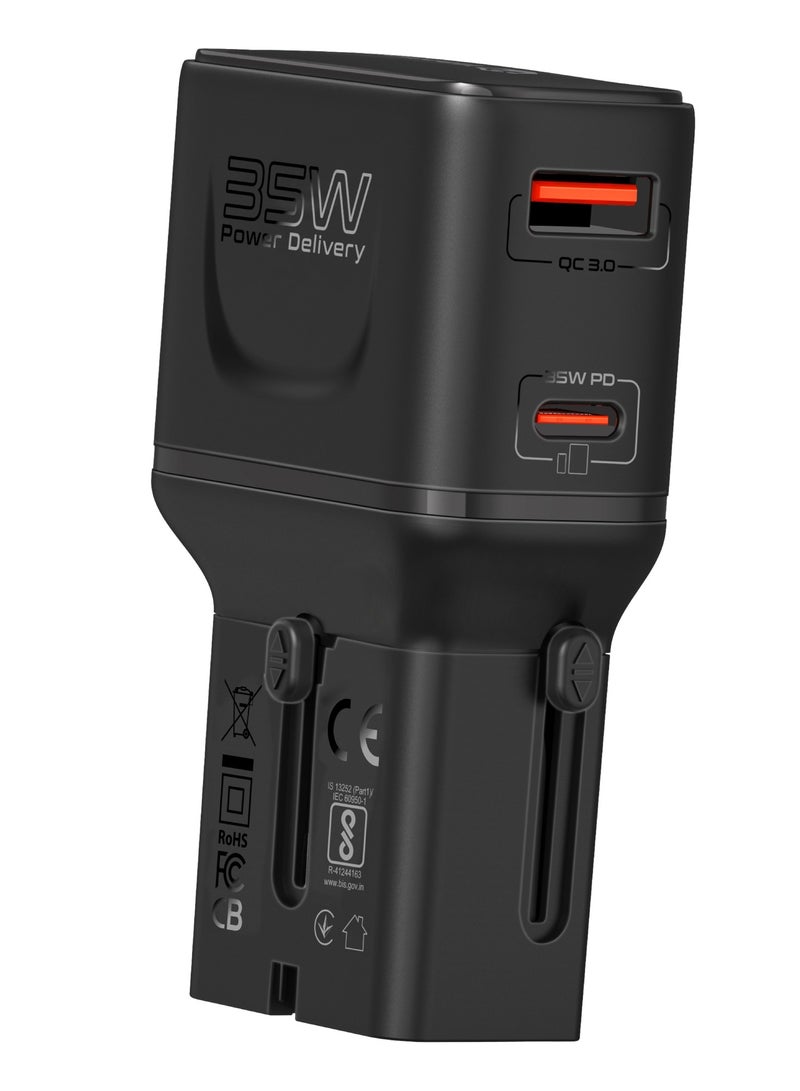 PROMATE Travel Adapter, Universal 100V-240V AC Travel Charger with Integrated Retractable US/UK/EU/AU Pins, PD35W Ultra-Fast USB-C Port, PD18W QC Port, Charge Protection, Compact Design, Travel-Friendly Pouch, TriPlug-PD35 Black  - Image 2