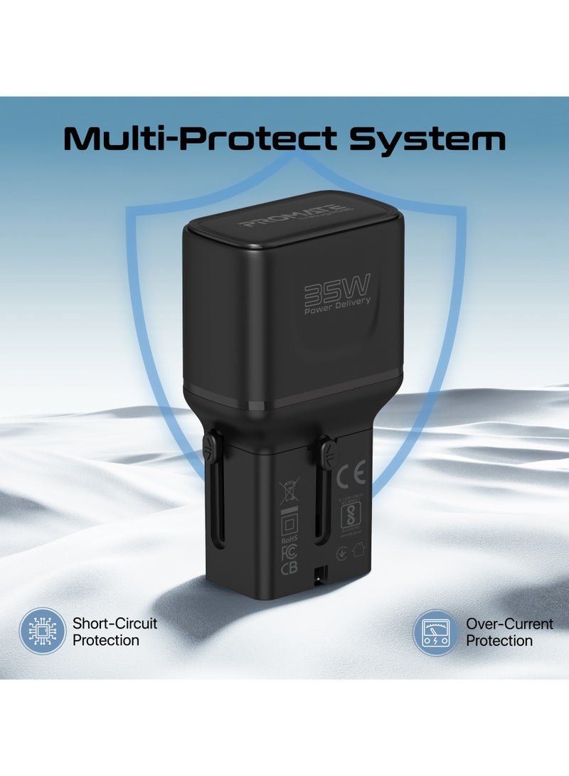 PROMATE Travel Adapter, Universal 100V-240V AC Travel Charger with Integrated Retractable US/UK/EU/AU Pins, PD35W Ultra-Fast USB-C Port, PD18W QC Port, Charge Protection, Compact Design, Travel-Friendly Pouch, TriPlug-PD35 Black  - Image 5