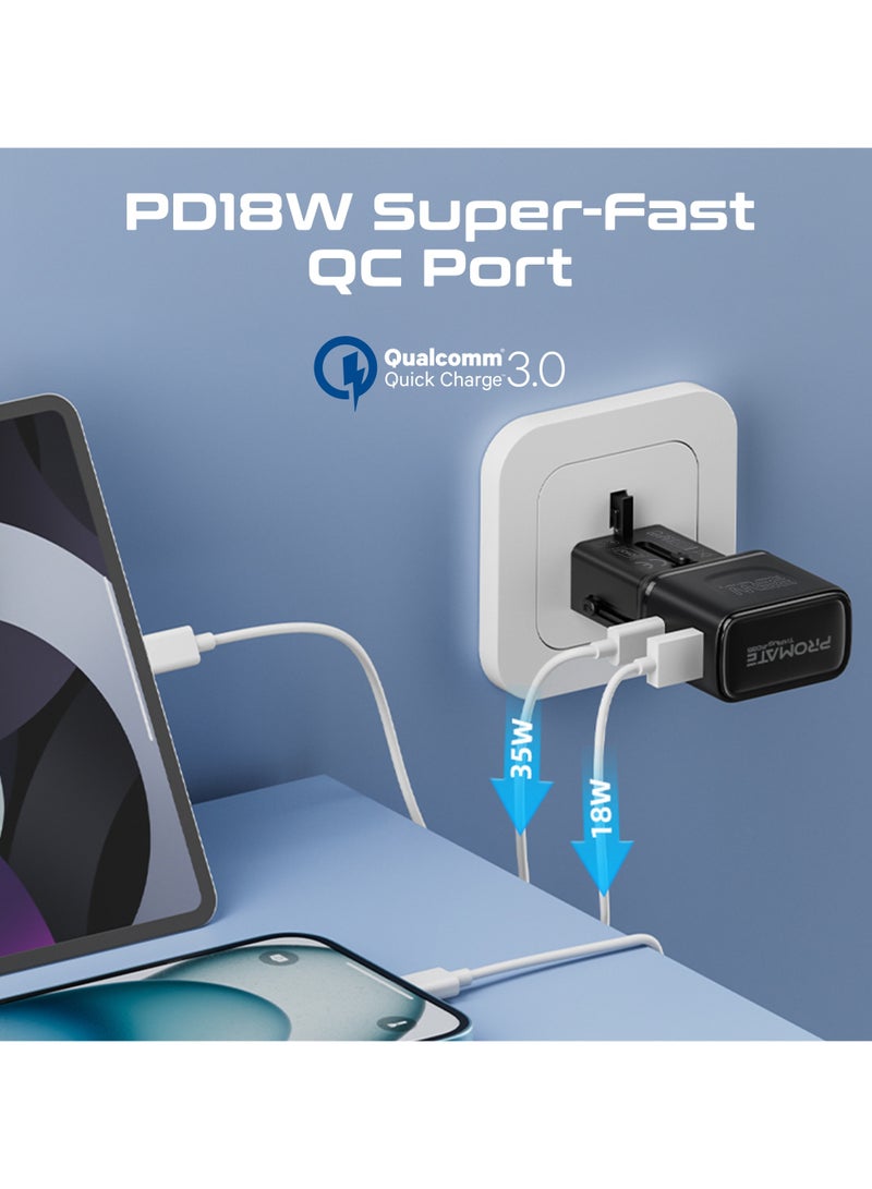 PROMATE Travel Adapter, Universal 100V-240V AC Travel Charger with Integrated Retractable US/UK/EU/AU Pins, PD35W Ultra-Fast USB-C Port, PD18W QC Port, Charge Protection, Compact Design, Travel-Friendly Pouch, TriPlug-PD35 Black  - Image 4